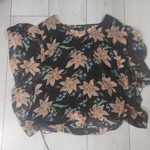 Womens sheer work casual summer blouse pink blue floral ruffle side tie